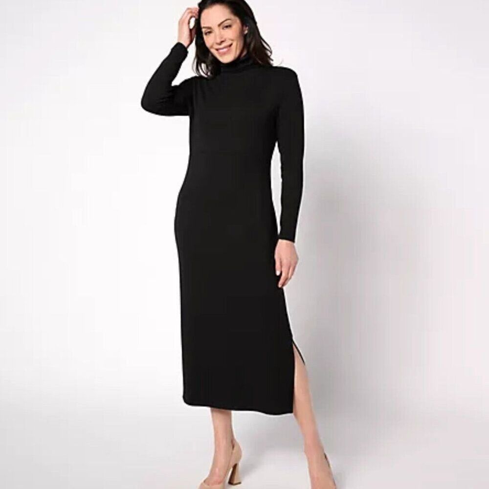 Women with Control Petite Finespun Jersey Tummy Control Midi Dress XLP Black $71